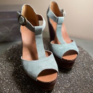 Lucky Brand teal and brown wedge suede sandals